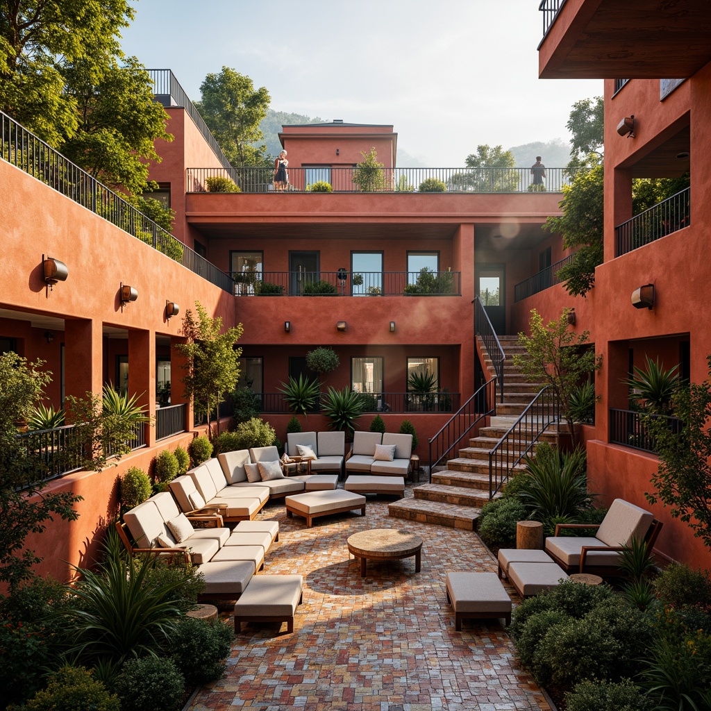 Prompt: Vibrant amphitheater, eclectic style, warm terracotta walls, weathered stone seating, lush greenery, colorful mosaic tiles, abstract sculptures, ornate metal railings, intricate wooden accents, dynamic lighting fixtures, soft warm glow, shallow depth of field, 3/4 composition, panoramic view, realistic textures, ambient occlusion, warm golden hour, atmospheric mist, rustic charm.