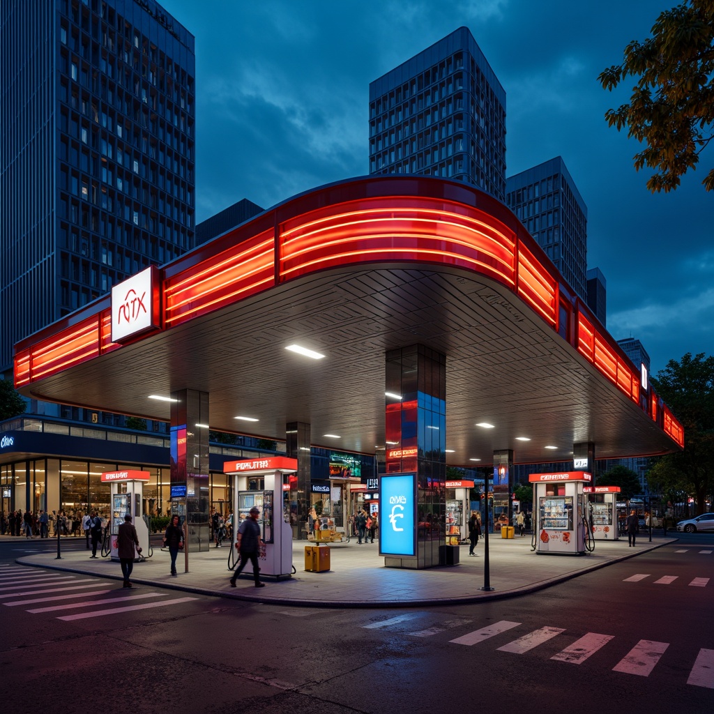 Prompt: Curved streamline gas station, modernist architecture, bold signage, neon lights, sleek metal canopies, minimalist design, futuristic fuel pumps, retro-futuristic accents, polished chrome details, geometric patterns, abstract shapes, LED lighting, dynamic typography, angular lines, vibrant color schemes, high-contrast branding, urban cityscape, busy streets, rush hour atmosphere, dramatic shadows, cinematic lighting, 3/4 composition, shallow depth of field.