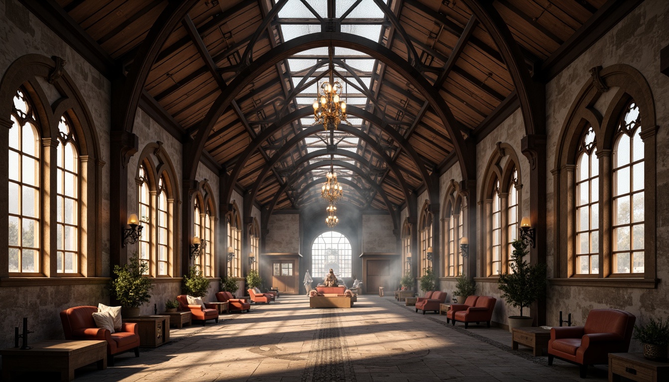 Prompt: Rustic warehouse interior, exposed truss systems, distressed wooden beams, industrial metal frames, vaulted ceilings, pointed arches, stained glass windows, intricate stone carvings, grand chandeliers, rich textiles, ornate furnishings, warm ambient lighting, dramatic shadows, 1/1 composition, symmetrical framing, realistic material textures, atmospheric fog effects.