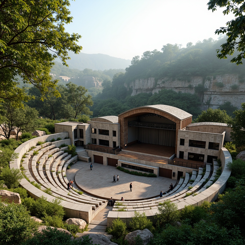 Prompt: Natural stone amphitheater, tiered seating, lush greenery surroundings, acoustic shell design, wooden stage floor, grandstand architecture, ornate metal railings, rustic stonework, elevated performance area, open-air atmosphere, warm sunny day, soft natural lighting, misty morning ambiance, 1/1 composition, shallow depth of field, realistic textures, ambient occlusion.