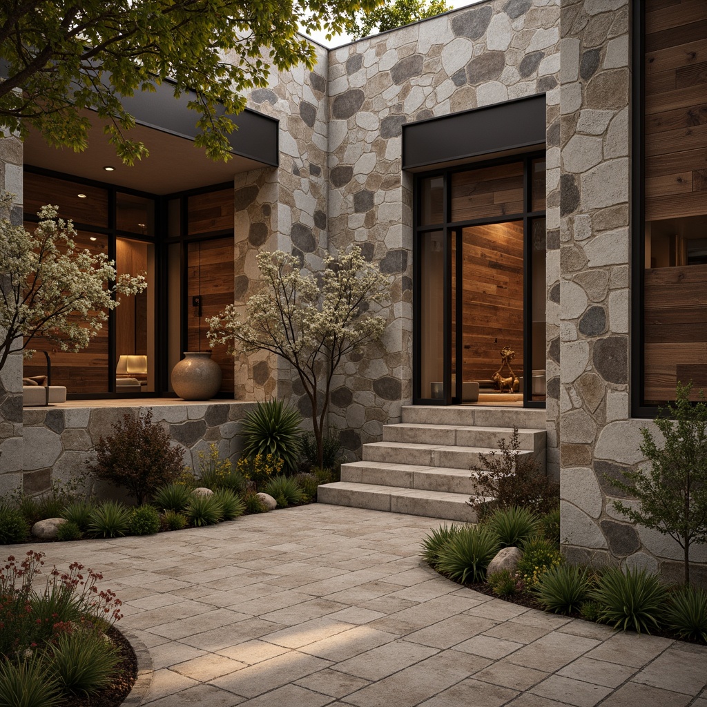 Prompt: Rustic stone walls, rough-hewn wooden accents, tactile brick facades, undulating metal cladding, organic concrete forms, intricate stonework patterns, natural earthy tones, warm ambient lighting, shallow depth of field, 3/4 composition, realistic renderings, ambient occlusion.