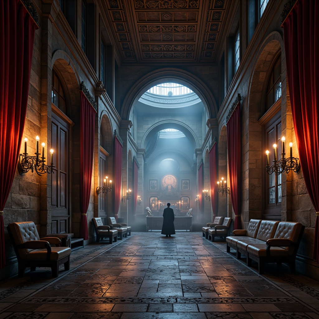 Prompt: Richly ornamented Gothic arches, mystical stone walls, dark wood accents, lavish velvet drapes, mysterious crimson red hues, warm candlelight ambiance, intricate carvings, ornate metalwork, mystical ancient artifacts, foggy misty atmosphere, dramatic spotlights, high-contrast shading, 1/2 composition, low-key lighting, atmospheric perspective, dense fog effect.