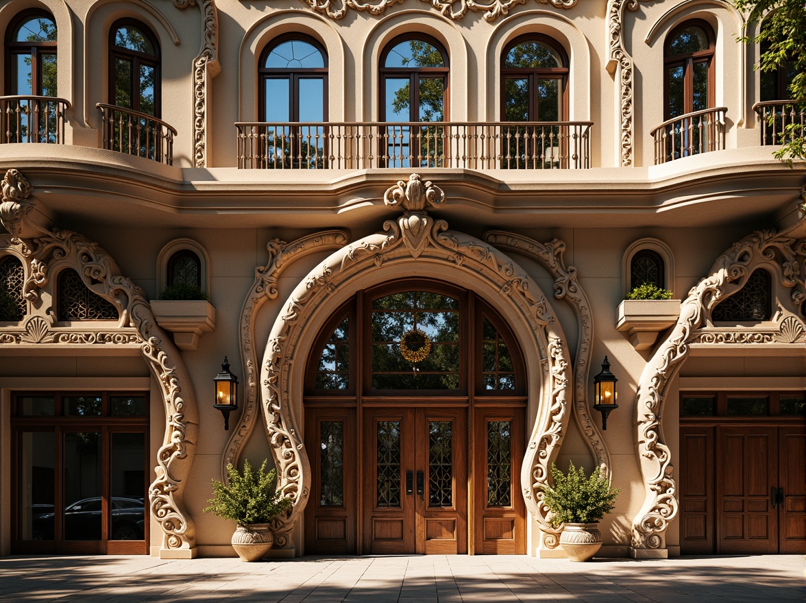 Prompt: Ornate facade, sinuous lines, flowing curves, organic forms, vibrant colors, stained glass windows, intricately carved wooden doors, ornamental ironwork, grand entrance, arched openings, decorative balconies, sculpted stonework, rich textures, luxurious materials, opulent details, soft golden lighting, shallow depth of field, 1/1 composition, realistic rendering, ambient occlusion.