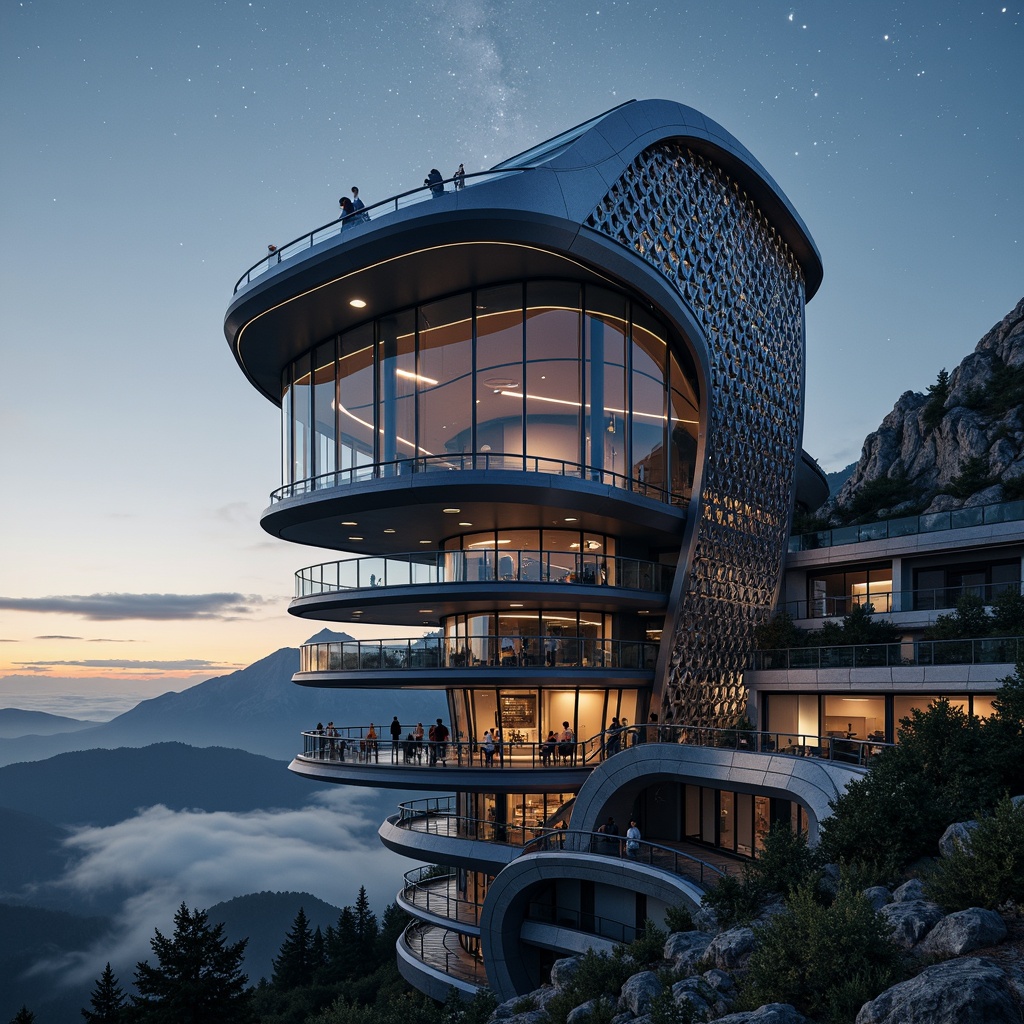 Prompt: Futuristic watchtower, sleek metallic latticework, gleaming silver accents, cantilevered observation decks, panoramic views, starry night sky, celestial body observations, high-tech telescopes, precision engineering, aerodynamic curves, wind-resistant design, reinforced steel structures, durable roofing materials, snow-load capacity, extreme weather conditions, mountainous landscape, rocky outcrops, misty atmosphere, soft warm lighting, shallow depth of field, 3/4 composition.