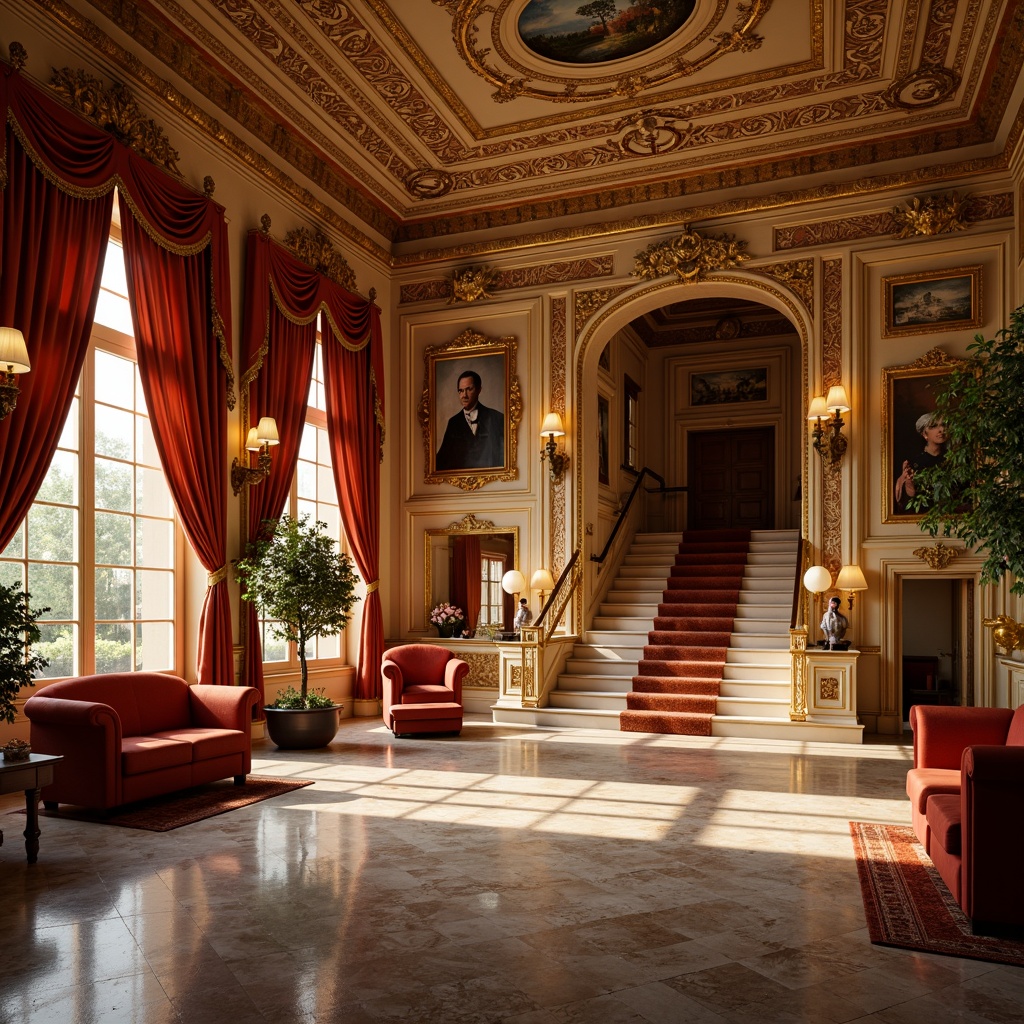 Prompt: Warm Sienna-colored palace, ornate Baroque architecture, golden accents, intricate carvings, grandiose facade, arched windows, sweeping staircases, lavish furnishings, velvet drapes, marble floors, ornamental chandeliers, soft warm lighting, shallow depth of field, 3/4 composition, detailed textures, ambient occlusion.