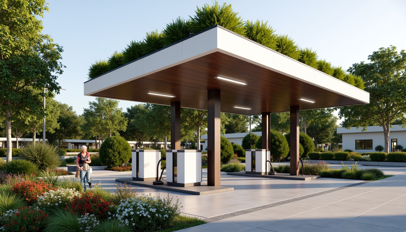 Prompt: Vibrant gas station, modern fuel pumps, sleek canopies, green roofs, lush vegetation, blooming flowers, natural stone walls, permeable pavements, rain gardens, stormwater management systems, eco-friendly materials, minimalist design, angular lines, shaded outdoor spaces, misting systems, warm soft lighting, shallow depth of field, 3/4 composition, panoramic view, realistic textures, ambient occlusion.