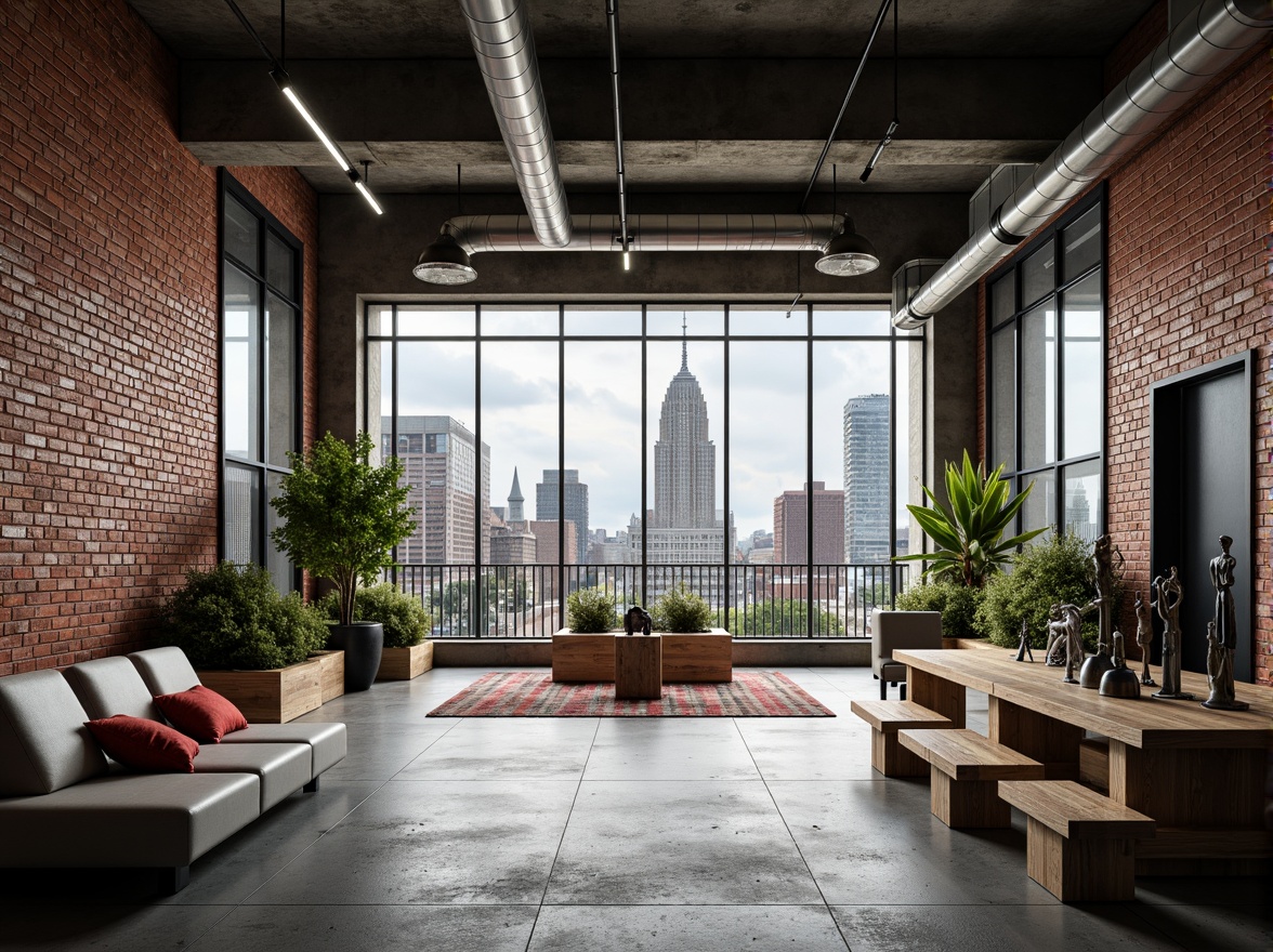 Prompt: Exposed brick walls, industrial pipes, metal beams, reclaimed wood accents, concrete floors, minimalist decor, modern urban landscape, cityscape views, sleek skyscrapers, metallic cladding, angular lines, functional design, sustainable materials, energy-efficient systems, rooftop gardens, urban oasis, gritty textures, dramatic lighting, high-contrast shadows, 3/4 composition, cinematic framing, realistic renderings.