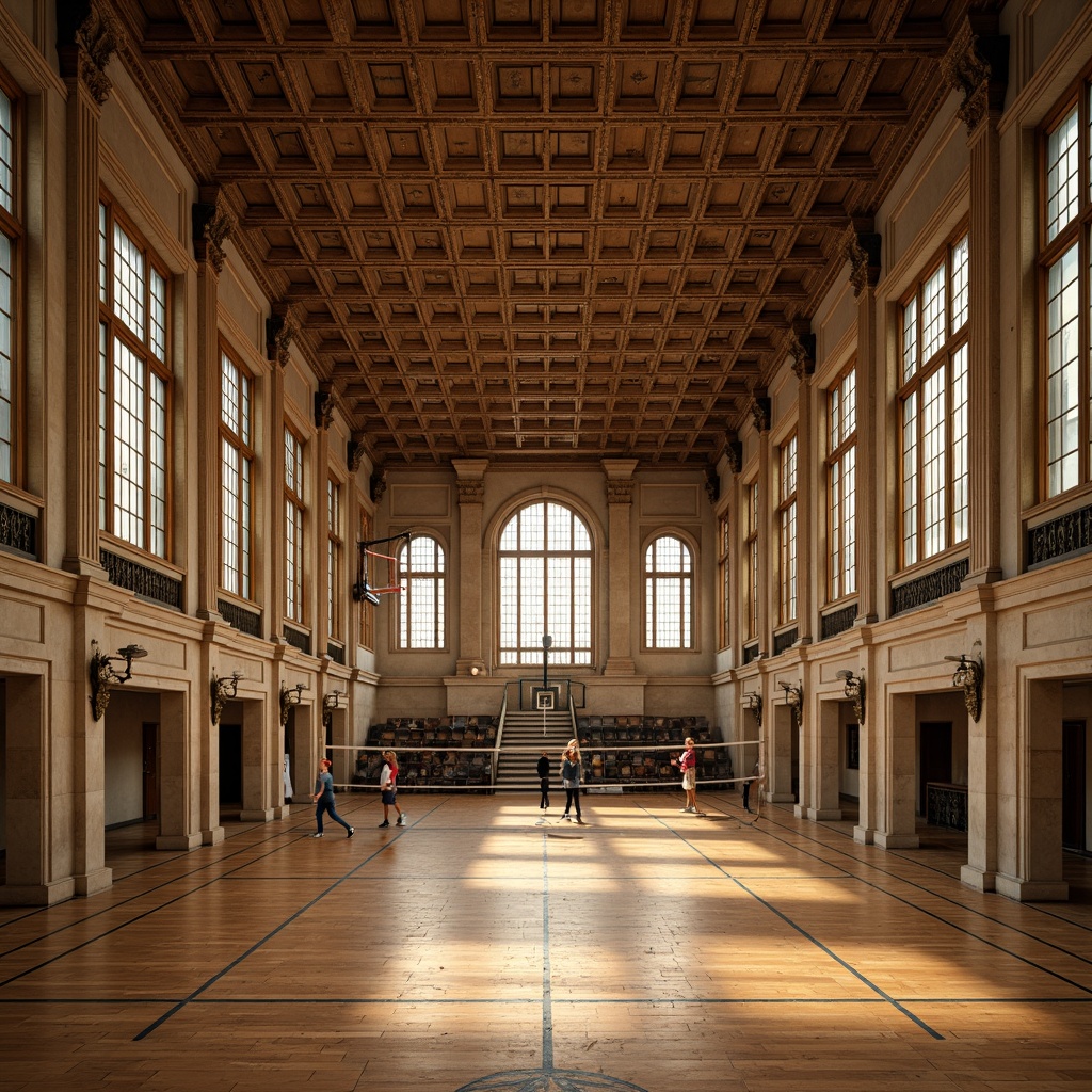 Prompt: Grand gymnasium, Renaissance Revival style, ornate columns, Corinthian capitals, intricately carved stone facades, high ceilings, large windows, stained glass, wooden athletic floors, basketball hoops, volleyball nets, spectator seating areas, decorative archways, rusticated bases, Ionic pilasters, classical pediments, symmetrical composition, warm golden lighting, subtle shadows, 1/2 composition, realistic textures, ambient occlusion.