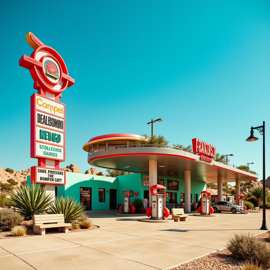 Prompt: Vibrant gas station, bold signage, neon lights, retro-futuristic architecture, curved lines, stainless steel accents, bright turquoise walls, warm beige pavement, cactus plants, sandy dunes, clear blue sky, hot sunny day, large fuel pumps, modern LED lighting, futuristic canopies, sleek metal roofs, desert landscape, rocky outcrops, worn wooden benches, old-fashioned street lamps, colorful advertisements, 3/4 composition, shallow depth of field, realistic textures, ambient occlusion.