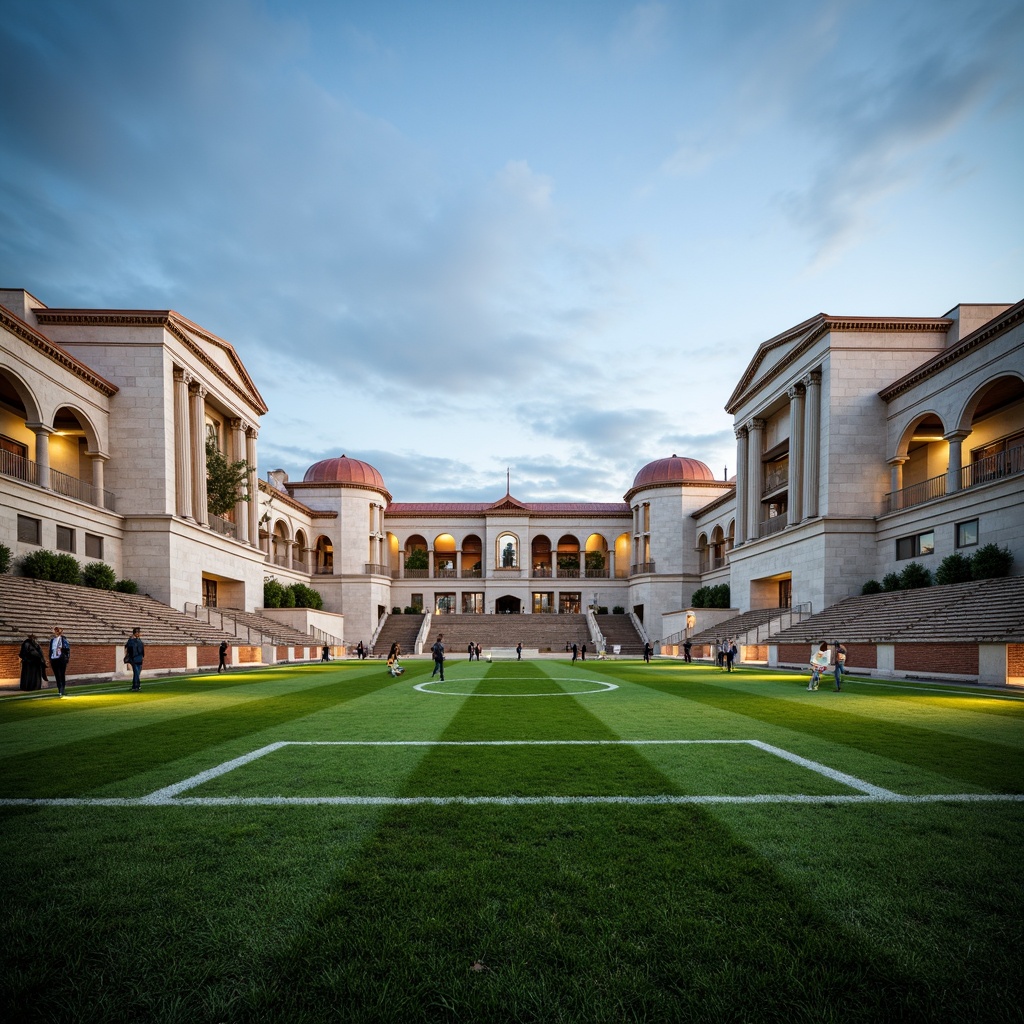 Prompt: Grandiose soccer stadium, neoclassical architecture, white marble fa\u00e7ade, ornate columns, grand arches, elegant curves, limestone walls, terracotta roofs, polished brass fixtures, rich wood accents, velvety green grass, floodlights, evening atmosphere, shallow depth of field, 1/2 composition, symmetrical view, realistic textures, ambient occlusion.