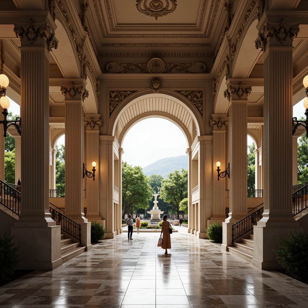 Prompt: Grand museum entrance, neoclassical facade, Corinthian columns, ornate carvings, marble flooring, high ceilings, grand staircases, bronze door handles, intricate moldings, subtle arches, symmetrical composition, soft warm lighting, shallow depth of field, 2/3 composition, realistic textures, ambient occlusion, elegant fountains, manicured gardens, surrounding walkways, ornate lampposts, classical sculptures, vibrant greenery.