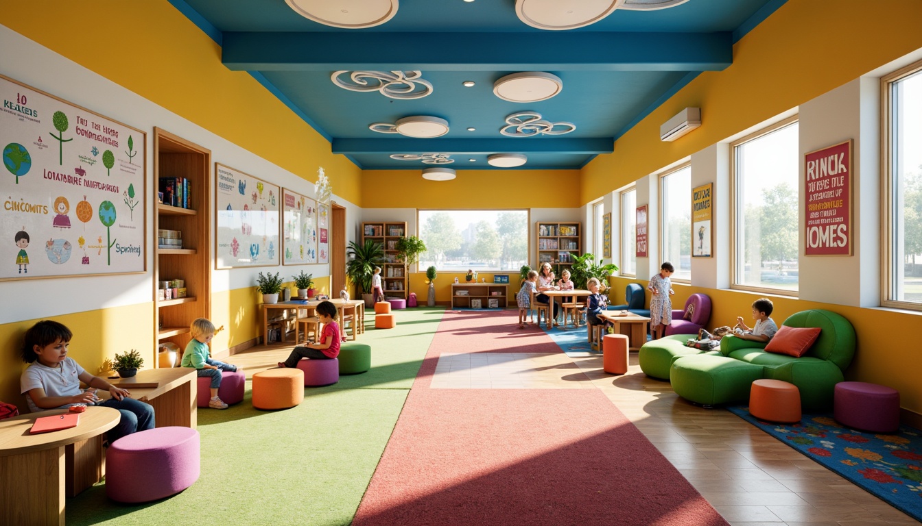 Prompt: Vibrant kindergarten, playful murals, bright colored furniture, interactive whiteboards, educational posters, stimulating learning zones, cozy reading nooks, natural wood accents, colorful rugs, modern lighting fixtures, energetic color scheme, bold typography, whimsical patterns, fun textures, dynamic shapes, inspirational quotes, collaborative workspaces, flexible seating arrangements, engaging displays, lively corridors, youthful atmosphere, warm afternoon light, shallow depth of field, 1/1 composition, realistic renderings.