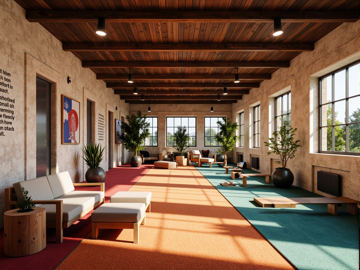 Prompt: Cozy gymnasium interior, vibrant colorful textiles, soft plush carpets, ergonomic exercise equipment, wooden accents, natural stone walls, large windows, abundant natural light, warm atmospheric lighting, shallow depth of field, 3/4 composition, realistic textures, ambient occlusion, comfortable seating areas, relaxing lounge spaces, motivational inspirational quotes, dynamic sound systems, refreshing air circulation, modern minimalist design, sustainable eco-friendly materials.