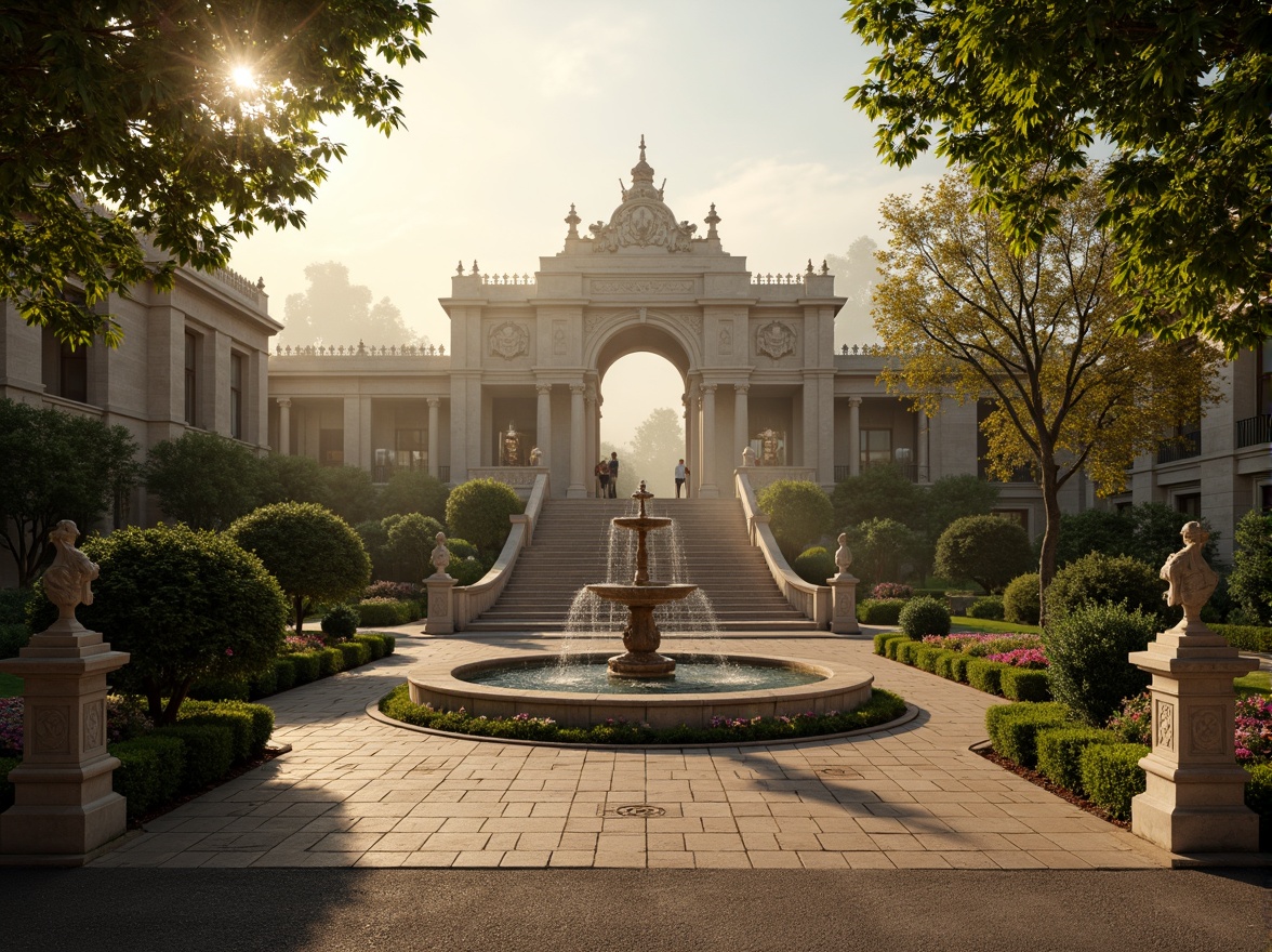 Prompt: Ornate fountain, grand staircase, manicured lawns, topiary trees, vibrant flowerbeds, ornamental hedges, statues of mythical creatures, symmetrical pathways, intricately patterned pavement, dramatic lighting, misty atmosphere, warm golden hour, 1/2 composition, shallow depth of field, realistic textures, ambient occlusion, Baroque-style palace, opulent gardens, grand entrance gates, majestic stone columns.