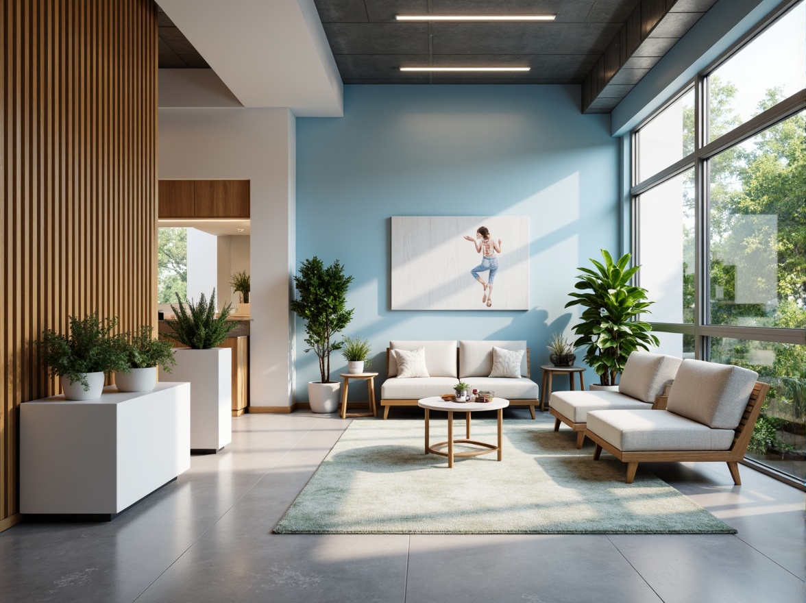 Prompt: Calming dental clinic, soothing blue tones, gentle whites, warm beige accents, natural wood textures, calming greenery, serene waiting area, comfortable seating, subtle branding elements, modern minimalistic design, large windows, abundant natural light, soft warm lighting, shallow depth of field, 3/4 composition, realistic textures, ambient occlusion.