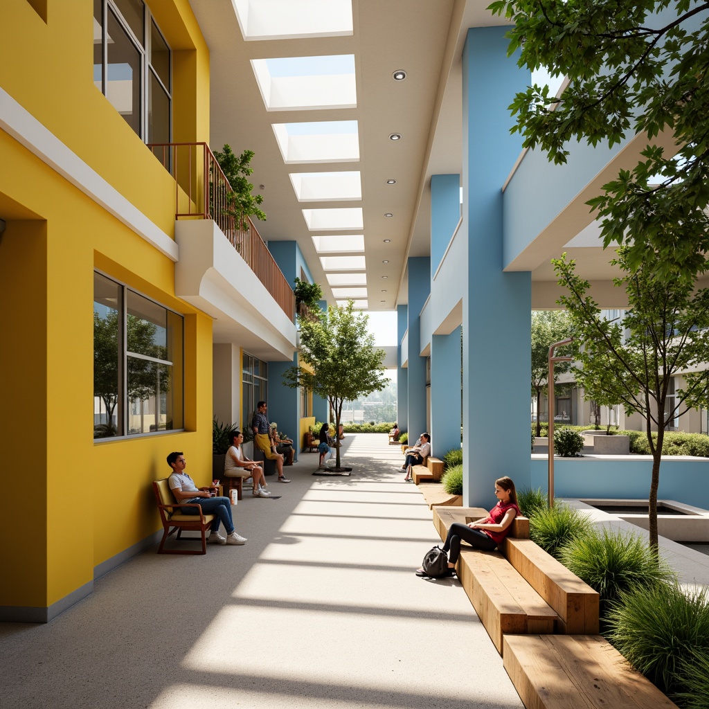 Prompt: Vibrant student halls, bold color scheme, energetic corridors, bright yellow accents, calming blue tones, neutral beige backgrounds, modern minimalist furniture, sleek metal railings, natural wood textures, greenery installations, lively common areas, cozy reading nooks, warm ambient lighting, shallow depth of field, 1/1 composition, realistic renderings, subtle texture overlays.