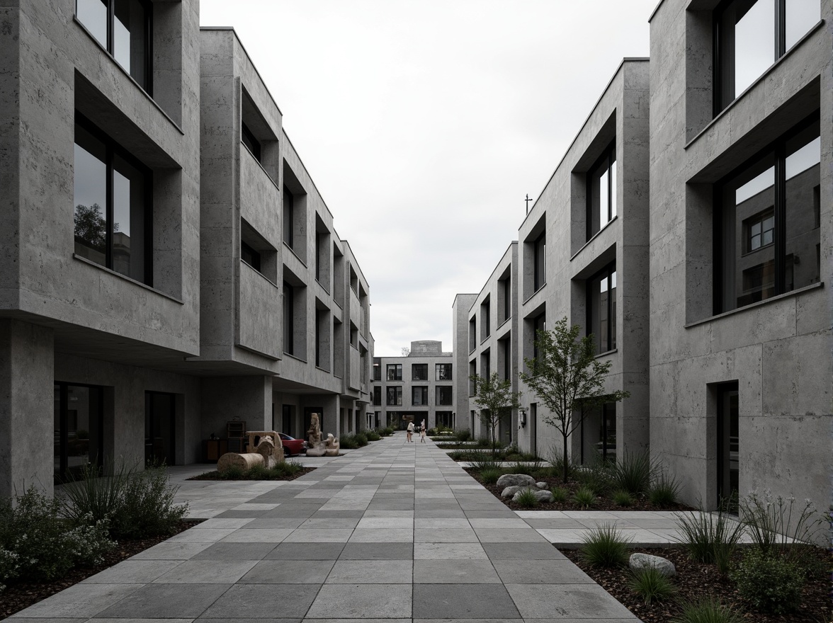 Prompt: Rugged brutalist buildings, raw concrete textures, industrial-style windows, urban residential setting, modern minimalist interiors, functional open spaces, communal courtyards, abstract sculptures, sparse greenery, brutalist architectural style, cold monochromatic color scheme, dramatic shadows, high-contrast lighting, 1/1 composition, atmospheric perspective, realistic ambient occlusion.