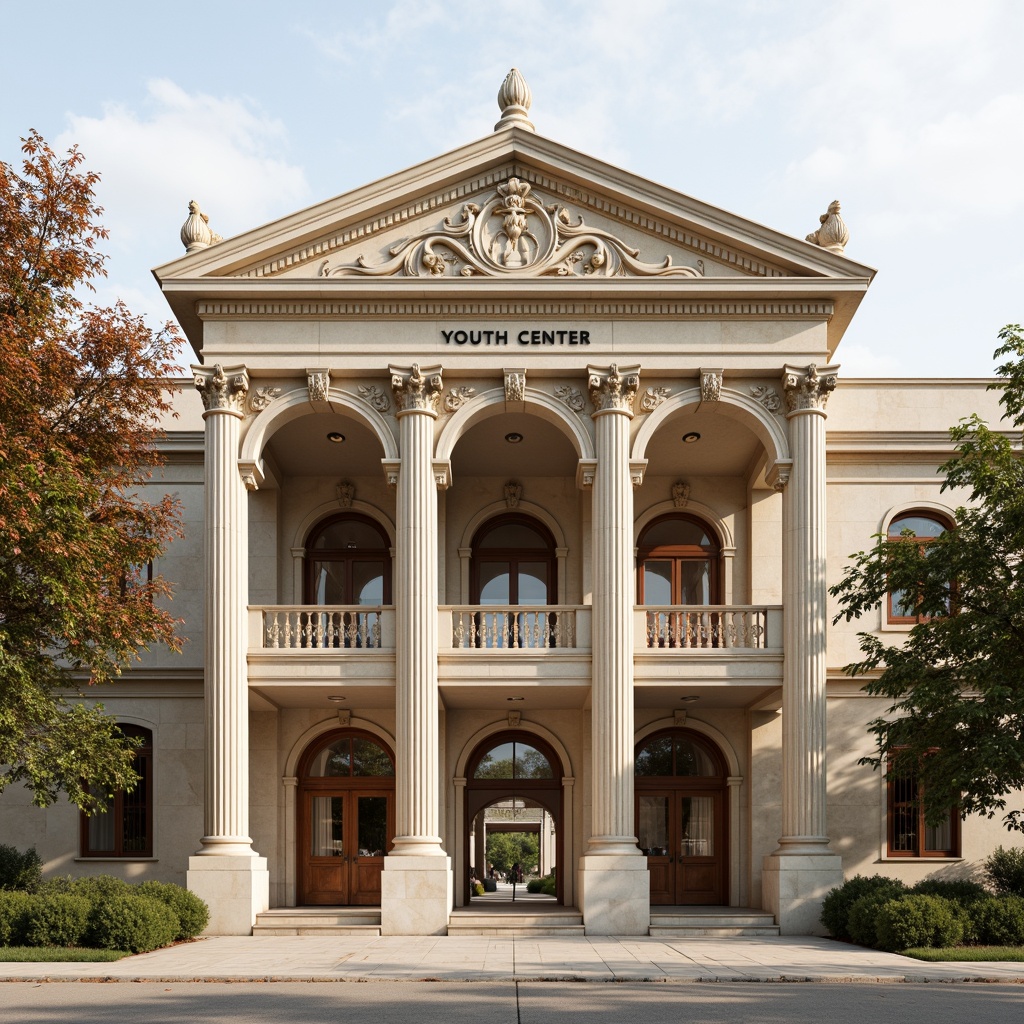 Prompt: Grandiose youth center facade, neoclassical architecture, ornate columns, intricate carvings, symmetrical composition, grand entranceways, marble surfaces, warm beige stone walls, classic pediments, elegant arches, refined moldings, subtle ornaments, soft natural light, 1/1 composition, harmonious color palette, realistic textures, ambient occlusion.