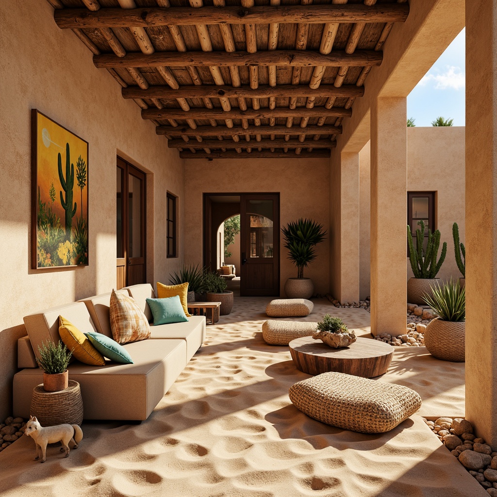 Prompt: Earth-toned ochre hues, warm beige sands, weathered stone walls, rustic wooden accents, natural fiber textiles, woven basket patterns, desert flora inspirations, cacti silhouettes, vibrant turquoise accents, soft golden lighting, shallow depth of field, 1/1 composition, realistic rock textures, ambient occlusion.Please let me know if this meets your expectations or if you need any adjustments!