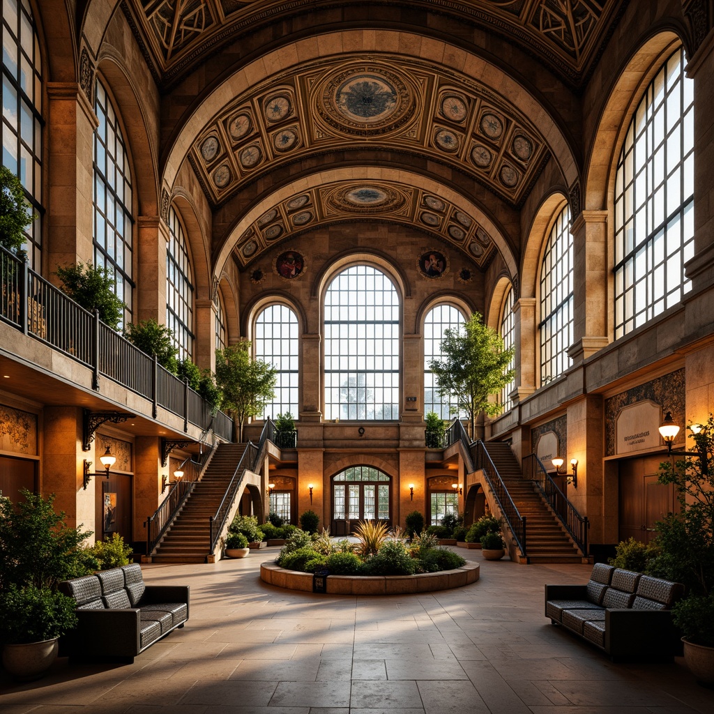 Prompt: Grand Romanesque train station, ornate arches, rusticated stone walls, vibrant colored glazed tiles, intricate carvings, majestic clock towers, grand staircases, ornamental ironwork, lush greenery, vintage street lamps, warm golden lighting, shallow depth of field, 1/2 composition, symmetrical framing, realistic textures, ambient occlusion.