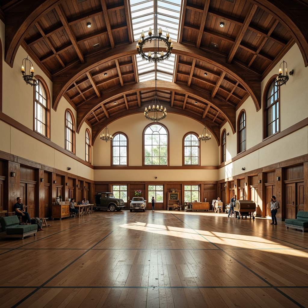 Prompt: Grand Renaissance gymnasium, high ceilings, ornate chandeliers, large arched windows, natural stone walls, wooden flooring, elegant columns, vaulted roofs, clerestory windows, soft warm lighting, abundant daylight, north-facing orientation, minimal shading devices, reflective interior surfaces, cream-colored walls, dark wood accents, vintage athletic equipment, nostalgic color palette, shallow depth of field, 2/3 composition, panoramic view, realistic textures, ambient occlusion.