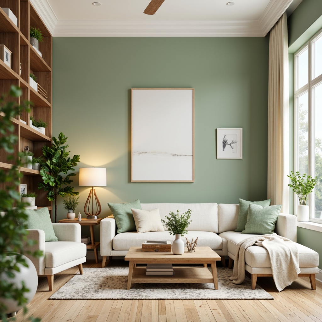 Prompt: Pale green accent walls, creamy white base tone, warm beige furniture, rich walnut wood accents, soft sage greenery, delicate ivory ornate details, subtle golden lighting, shallow depth of field, 1/1 composition, realistic textures, ambient occlusion.This palette combines pale green with complementary colors to create a harmonious and calming atmosphere. The creamy white base tone provides a clean backdrop for the pale green accent walls, while warm beige furniture adds coziness and richness. Rich walnut wood accents introduce a sense of luxury and sophistication, while soft sage greenery brings in a touch of nature. Delicate ivory ornate details add a hint of elegance, and subtle golden lighting creates a warm and inviting ambiance.