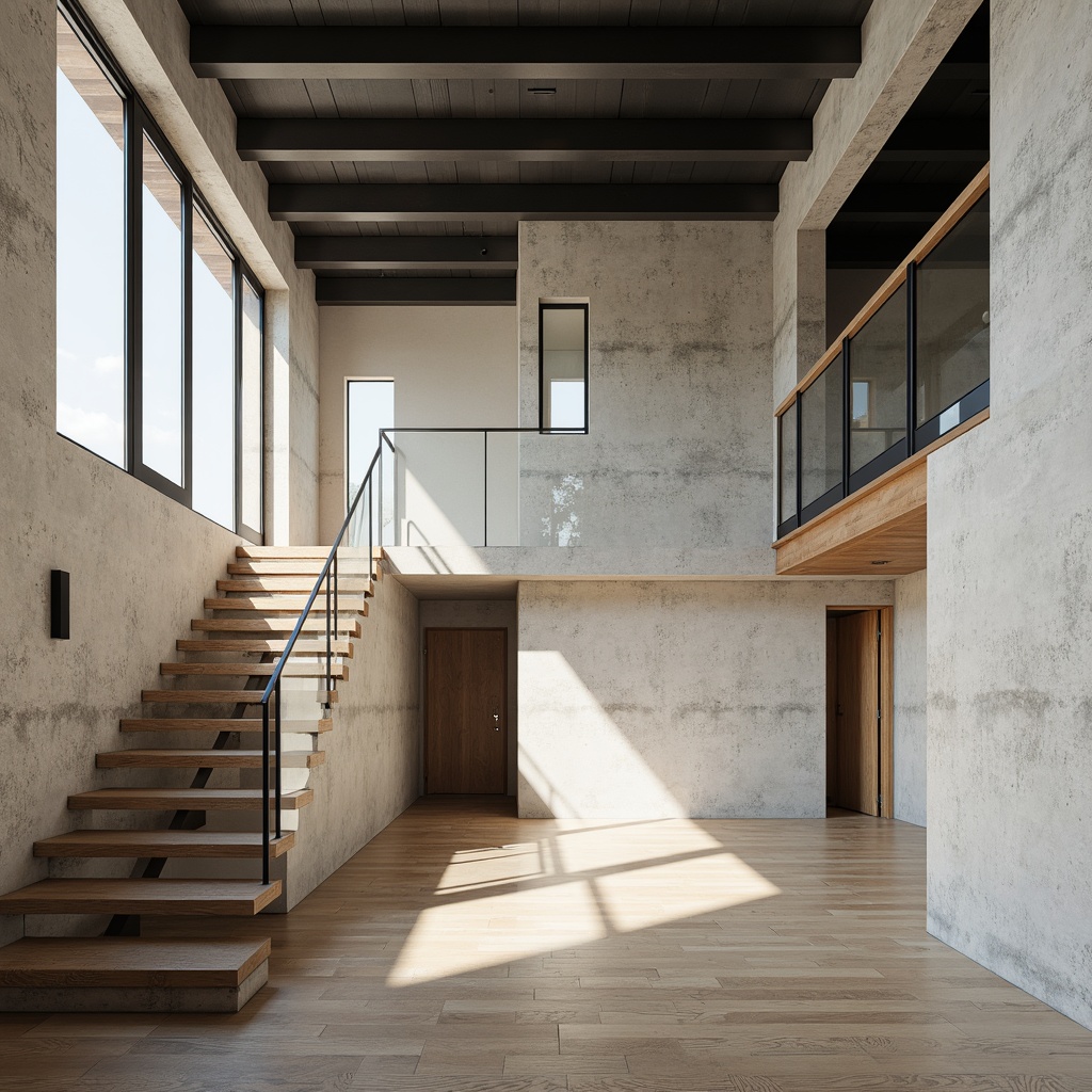 Prompt: Minimalist modern home, clean lines, monochromatic color scheme, industrial metal beams, exposed concrete walls, polished wooden floors, sleek glass railings, cantilevered stairs, geometric shapes, natural light pouring, airy open spaces, subtle textures, 1/1 composition, soft warm lighting, shallow depth of field, realistic reflections, ambient occlusion.