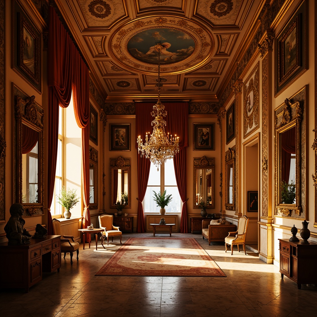 Prompt: Warm sienna-toned palace, ornate gold accents, intricate carvings, lavish furnishings, grand chandeliers, rich velvet drapes, ornamental mirrors, gilded frames, frescoed ceilings, marble floors, statuesque figures, dramatic lighting, warm golden glow, high contrast shadows, 1/2 composition, shallow depth of field, realistic textures, ambient occlusion.