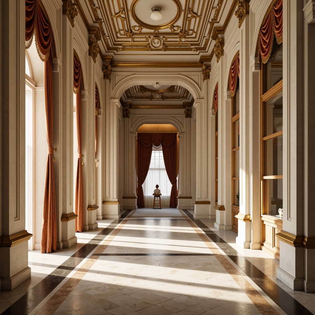 Prompt: Grandiose columns, ornate carvings, intricately patterned marble floors, polished wooden paneling, velvet drapes, gilded frames, ornamental moldings, subtle gradations of beige and cream hues, soft diffused lighting, warm golden tones, shallow depth of field, 1/1 composition, realistic textures, ambient occlusion.