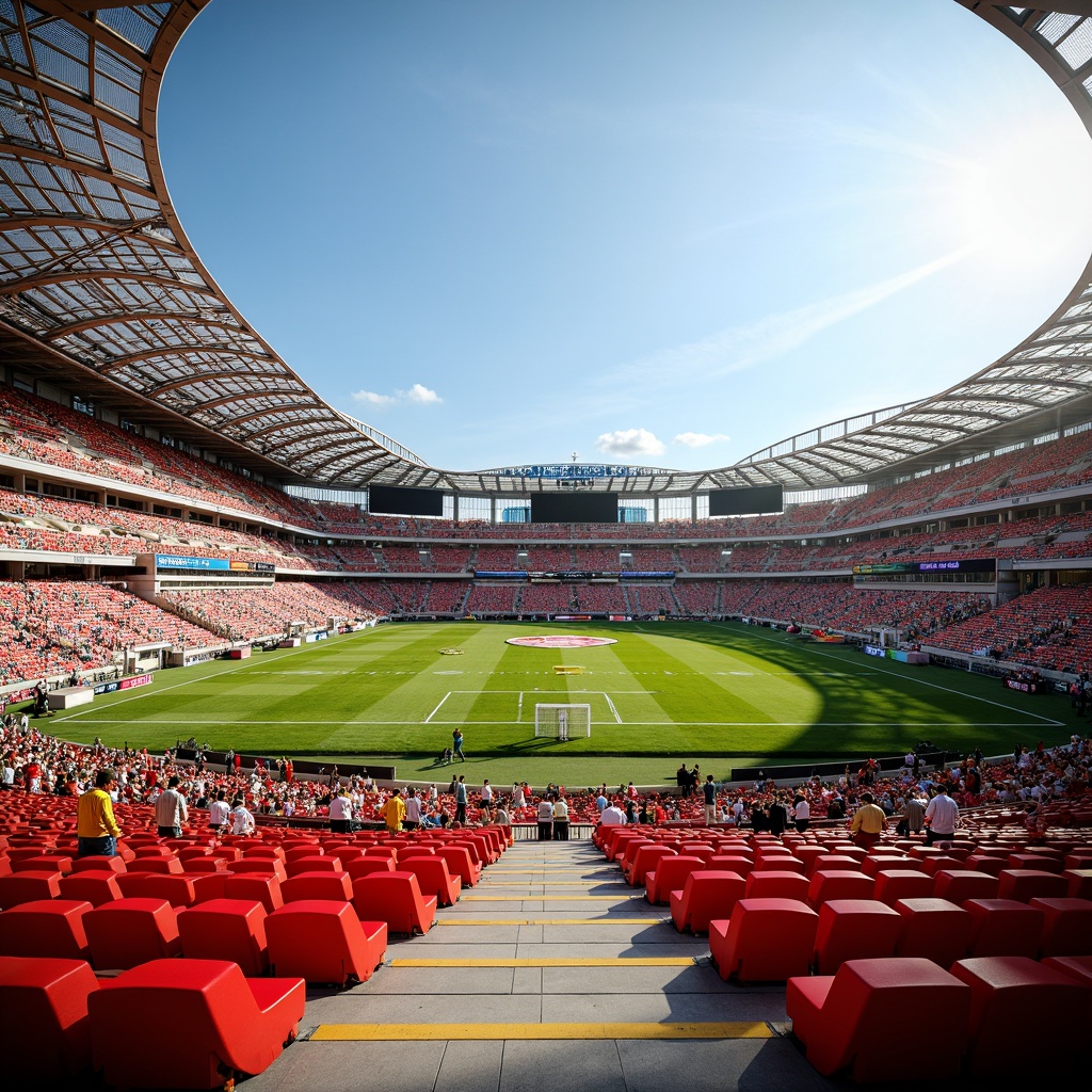 Prompt: Vibrant football stadium, dynamic seating areas, bold stripes, bright team colors, electric scoreboard displays, sleek metal railings, modern architecture, curved lines, energetic atmosphere, excited crowd, sunny day, warm lighting, shallow depth of field, 3/4 composition, panoramic view, realistic textures, ambient occlusion.