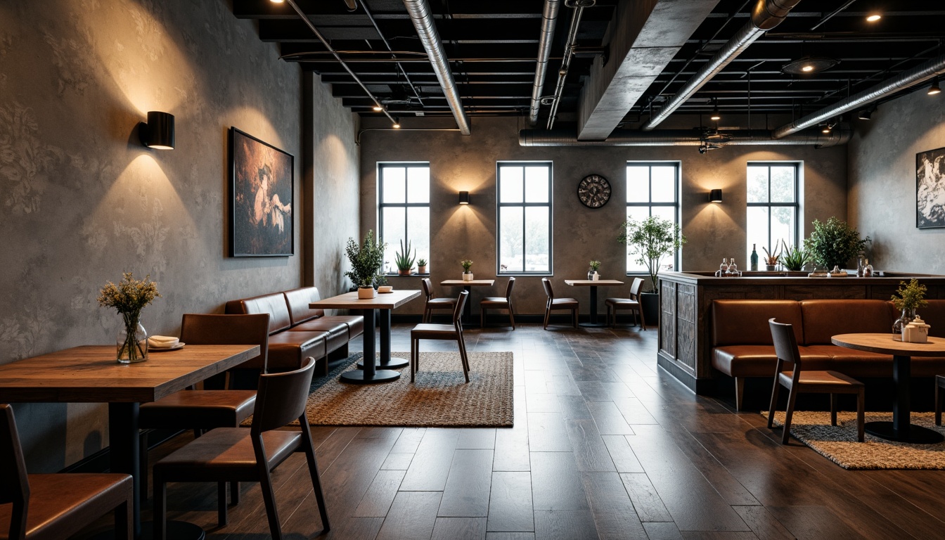 Prompt: Monochromatic pub interior, industrial concrete walls, polished wooden floors, metallic accents, minimalist decor, natural textiles, woven rugs, leather sofas, reclaimed wood furniture, exposed ductwork, industrial lighting fixtures, warm ambient glow, soft focus, shallow depth of field, 1/1 composition, symmetrical framing, abstract geometric patterns, subtle material variations.