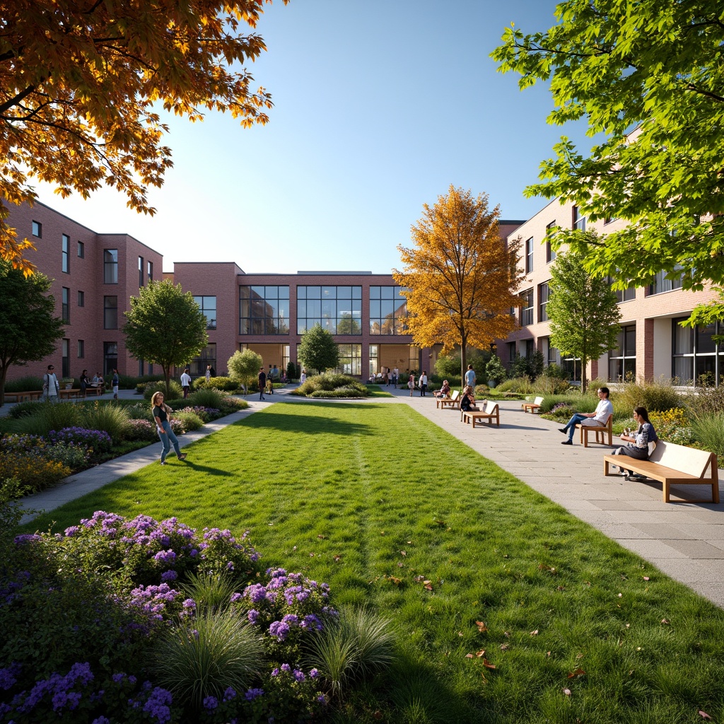 Prompt: Vibrant university campus, lush green lawns, colorful blooming flowers, modern outdoor furniture, shaded walkways, wooden benches, educational signage, natural stone pathways, brick buildings, large windows, glass doors, sunny day, soft warm lighting, shallow depth of field, 3/4 composition, panoramic view, realistic textures, ambient occlusion.