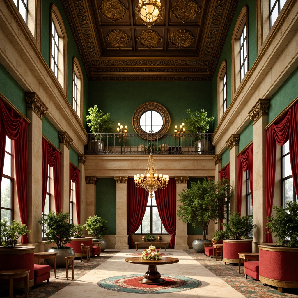 Prompt: Luxuriant Baroque Revival building, rich jewel-toned color scheme, emerald green walls, golden ornate details, crimson red accents, warm beige stone facades, soft creamy marble floors, lavish bronze metalwork, intricate Art Nouveau patterns, flowing organic lines, ornate floral motifs, subtle earthy tones, dramatic chiaroscuro lighting, warm inviting ambiance, opulent velvet drapes, polished wooden furnishings, grandiose chandeliers, romantic candlelit atmosphere.