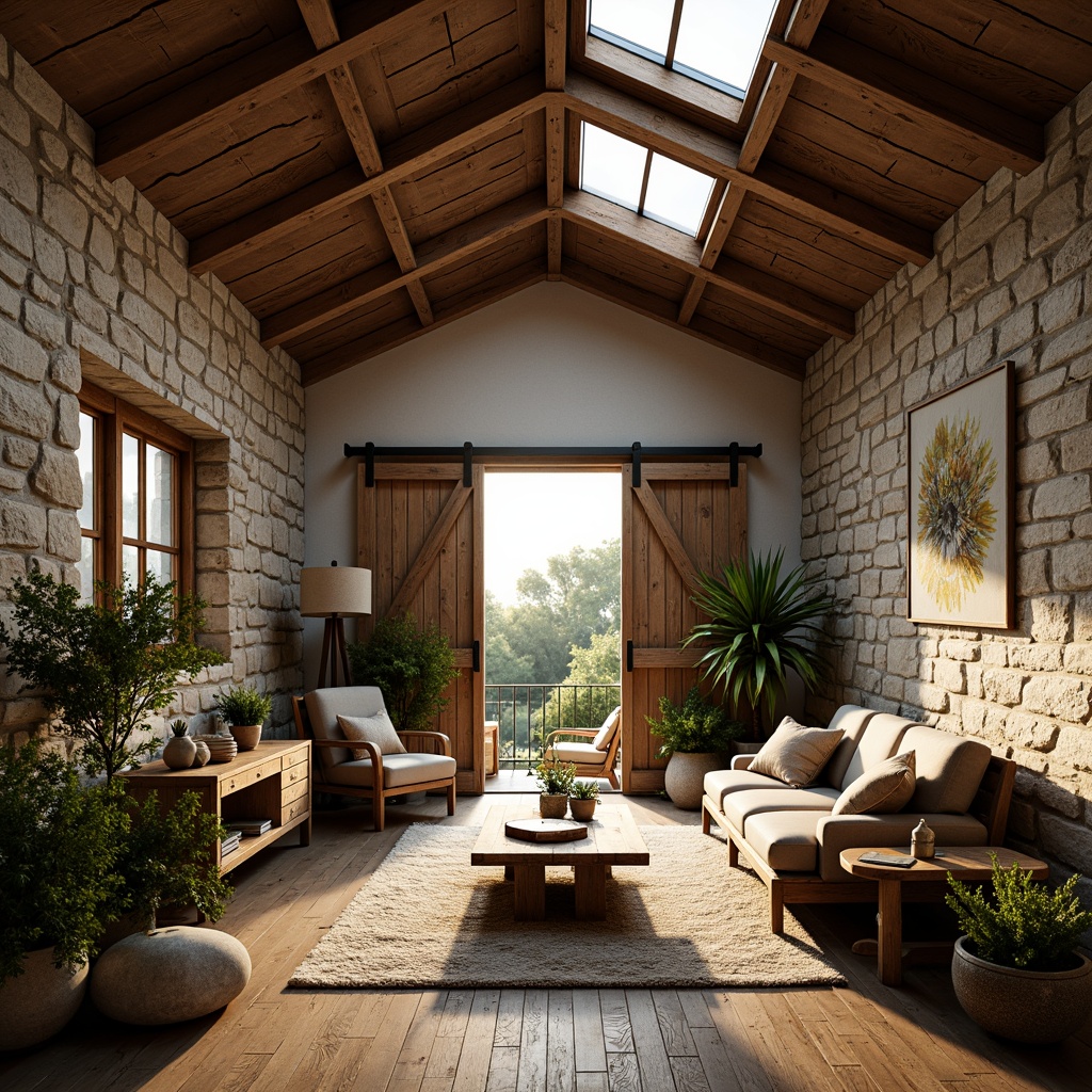 Prompt: Rustic farmhouse, eclectic decor, vintage furnishings, natural stone walls, wooden beams, distressed wood accents, earthy color palette, abundant greenery, lush plants, skylights, clerestory windows, large barn doors, soft diffused lighting, warm golden hour, shallow depth of field, 1/1 composition, panoramic view, realistic textures, ambient occlusion.