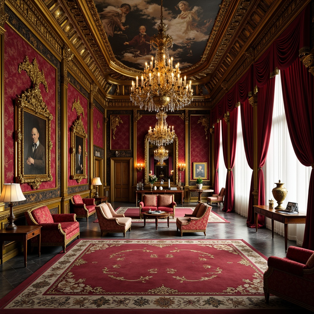 Prompt: Opulent palace interior, rich velvet fabrics, intricate gold ornaments, lavish furnishings, grand chandeliers, ornate mirrors, bold colorful tapestries, dramatic curtains, luxurious marble floors, gilded picture frames, vibrant jewel-toned walls, soft warm candlelight, 1/1 composition, detailed textures, atmospheric perspective, realistic reflections.