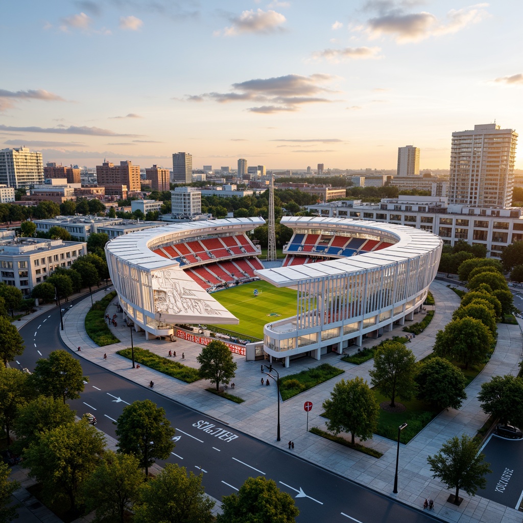 Prompt: Vibrant community stadium, curved futuristic architecture, transparent roofs, LED lighting systems, green urban spaces, public art installations, pedestrian-friendly walkways, bike lanes, street furniture, inclusive seating areas, wheelchair accessibility, sustainable building materials, rainwater harvesting systems, solar panels, natural ventilation systems, open-air amphitheaters, interactive digital displays, immersive fan experiences, panoramic city views, shallow depth of field, 2/3 composition, warm golden hour lighting, realistic textures, ambient occlusion.