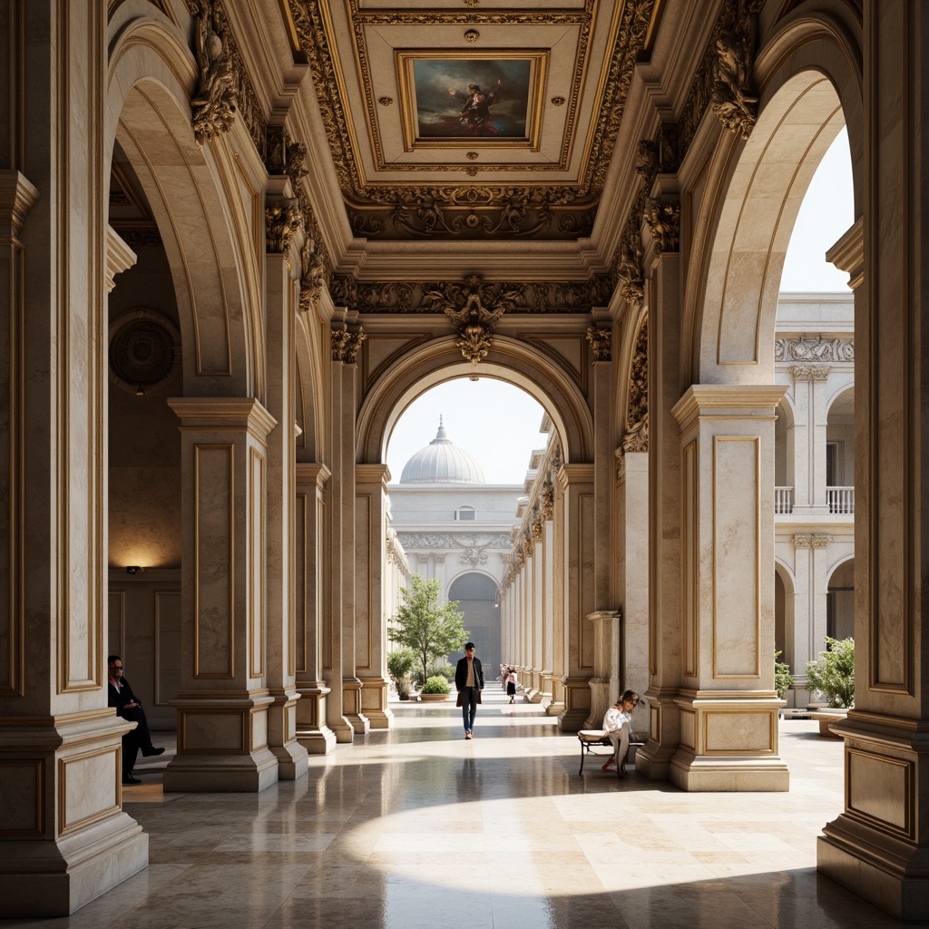 Prompt: Elegant neoclassical fa\u00e7ade, ornate stone carvings, subtle marble textures, intricate moldings, gilded details, lavish ornamentation, grandiose columns, ornamental friezes, classical archways, symmetrical composition, soft warm lighting, shallow depth of field, 1/1 perspective, realistic renderings, ambient occlusion, subtle atmospheric effects.