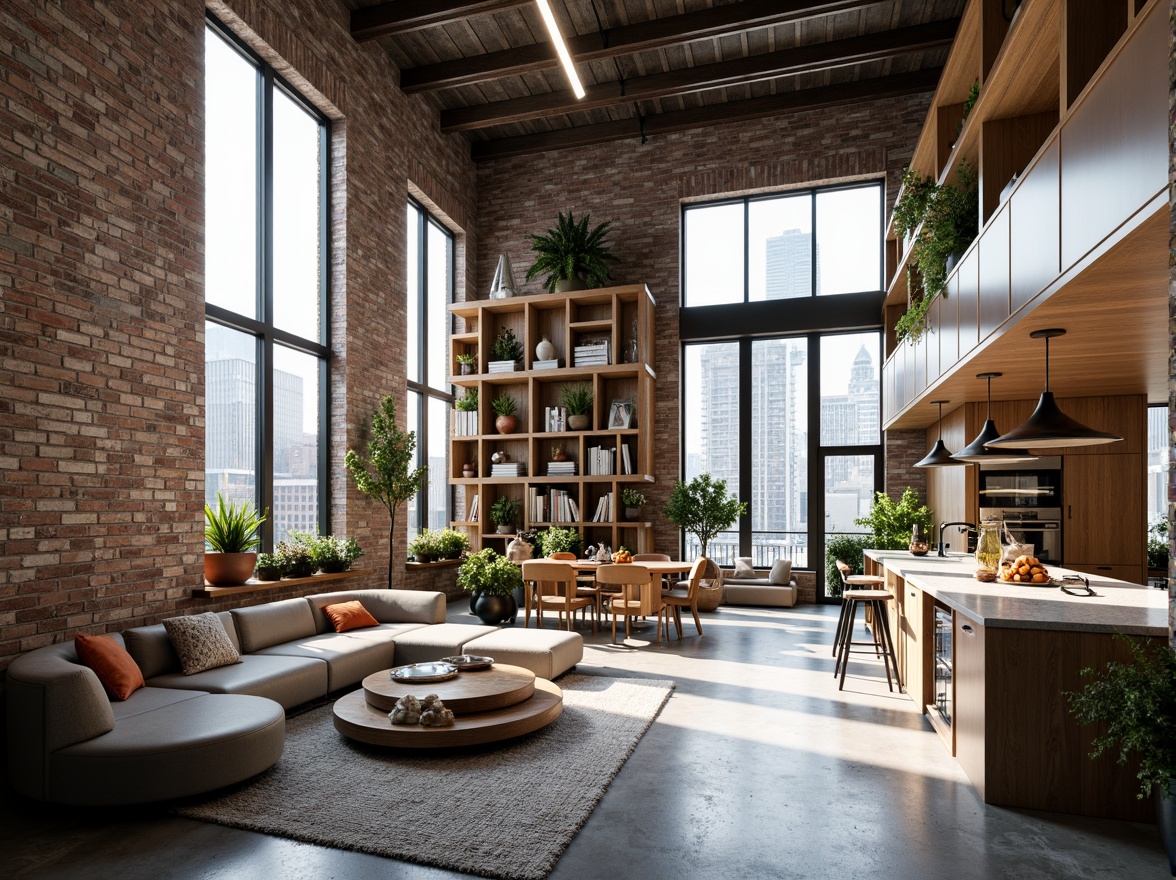 Prompt: Contemporary urban loft, industrial chic, exposed brick walls, polished concrete floors, minimalist decor, functional modular furniture, spacious open layouts, ample natural light, floor-to-ceiling windows, sliding glass doors, cozy reading nooks, built-in shelving units, sleek metal accents, modern kitchen appliances, quartz countertops, pendant lighting fixtures, warm neutral color palette, textured rugs, lush greenery, vertical gardens, urban cityscape views, soft warm ambiance, shallow depth of field, 3/4 composition, realistic textures.