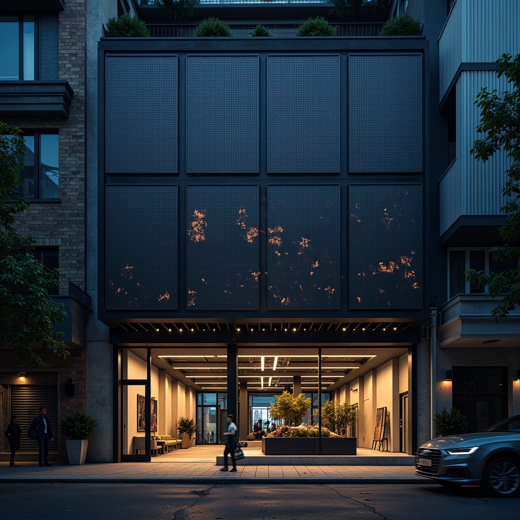 Prompt: Industrial building facade, perforated metal panels, corrugated iron cladding, urban cityscape, modern architecture, sleek lines, minimalist design, functional aesthetics, brutalist structure, exposed ductwork, concrete foundation, steel beams, industrial chic decor, neon lighting, moody atmospheric night scene, shallow depth of field, 2/3 composition, cinematic angle, realistic reflections, ambient occlusion.