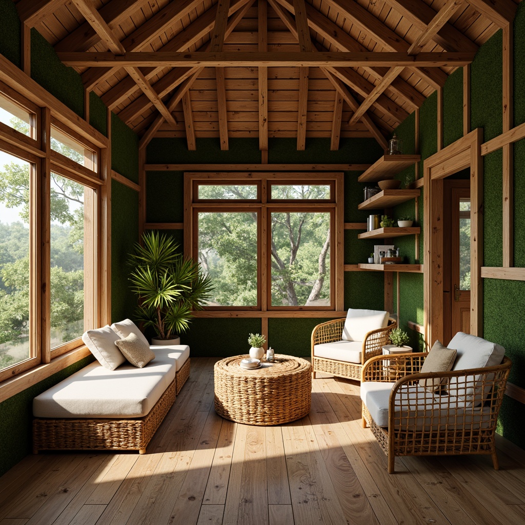 Prompt: Rustic wooden cabin, reclaimed wood accents, earthy color palette, natural stone foundation, living green walls, bamboo flooring, woven rattan furniture, organic shapes, curved lines, minimal ornamentation, abundant natural light, soft warm glow, shallow depth of field, 1/1 composition, panoramic view, realistic textures, ambient occlusion.