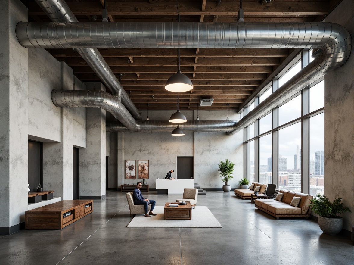 Prompt: Exposed ductwork, raw concrete walls, industrial pipes, brutalist architecture, polycarbonate cladding, translucent facade, diffused natural light, urban loft atmosphere, reclaimed wood accents, metal beams, minimalist decor, functional furniture, modern cityscape views, cloudy day, soft indirect lighting, shallow depth of field, 1/1 composition, realistic textures, ambient occlusion.