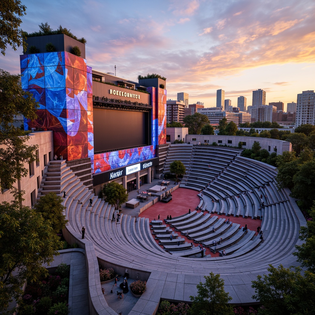 Prompt: Vibrant amphitheater, eclectic facade design, bold colorful patterns, intricate geometric shapes, futuristic curves, iridescent materials, LED lighting installations, dynamic projection mapping, undulating seating areas, tiered spectator zones, grand entrance archways, sweeping staircases, cantilevered balconies, lush green roofs, urban skyline views, warm golden hour lighting, shallow depth of field, 1/2 composition, cinematic camera angles, realistic reflections, ambient occlusion.