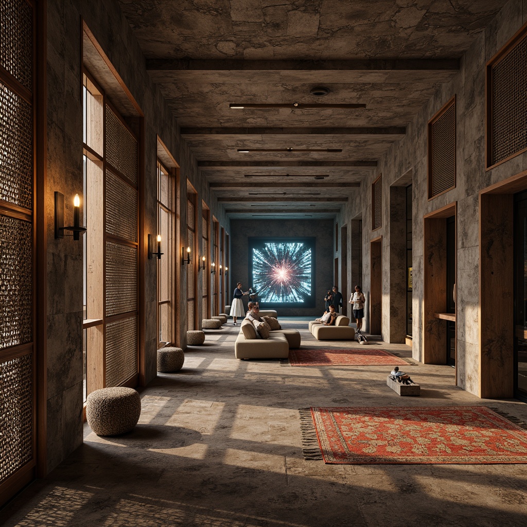 Prompt: Richly textured stone walls, intricately carved wooden panels, metallic mesh surfaces, tactile rough concrete, rustic distressed finishes, ornate patterned fabrics, soft velvety upholstery, futuristic holographic displays, LED light installations, ambient atmospheric effects, shallow depth of field, 1/1 composition, realistic renderings, detailed normal maps, high-dynamic-range lighting.