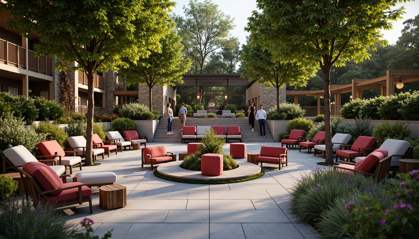 Prompt: Vibrant amphitheater, eclectic seating arrangement, mismatched chairs, colorful pillows, distressed wood benches, industrial metal frames, lush greenery, blooming flowers, natural stone steps, whimsical lanterns, warm string lighting, shallow depth of field, 1/2 composition, panoramic view, realistic textures, ambient occlusion.