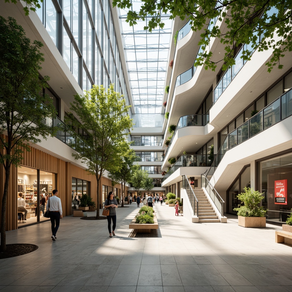 Prompt: Modern shopping center, spacious atrium, natural light pouring in, sleek escalators, minimalist railings, polished marble floors, trendy retail stores, vibrant storefront displays, cozy seating areas, lush green walls, wooden accents, open ceiling design, airy atmosphere, warm color scheme, soft background music, 1/2 composition, medium shot, realistic textures, subtle depth of field.