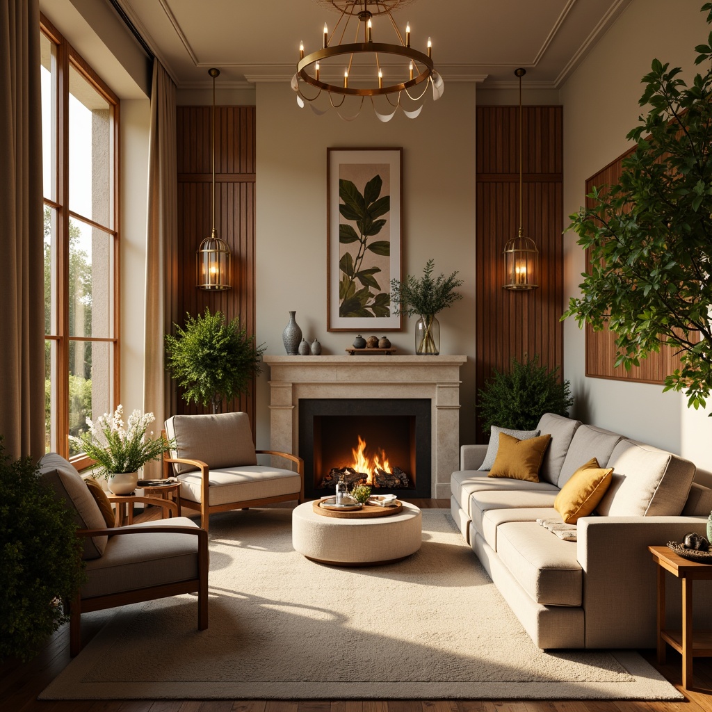 Prompt: Cozy living room, plush furniture, warm beige walls, rich wood accents, soft golden lighting, comfortable seating areas, vibrant greenery, natural stone fireplace, elegant chandeliers, minimal ornamentation, calm atmosphere, 1/1 composition, shallow depth of field, realistic textures, ambient occlusion.