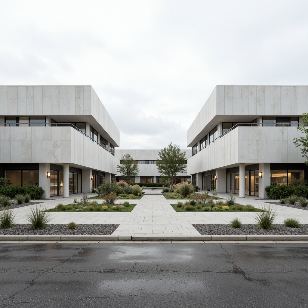 Prompt: Sleek distribution center, minimalist architecture, industrial chic, exposed concrete walls, polished metal accents, simple green roofs, drought-resistant plants, gravel walkways, modern streetlights, sparse tree arrangements, monochromatic color scheme, urban industrial backdrop, cloudy overcast sky, soft diffused lighting, 1/1 composition, realistic textures, ambient occlusion.