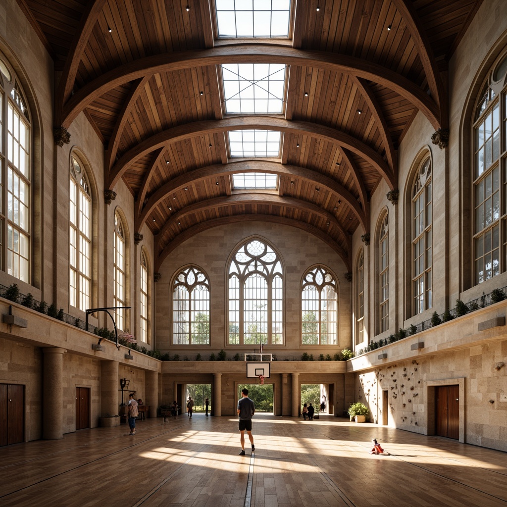 Prompt: Grand Renaissance-style gymnasium, high ceilings, large arched windows, ornate stone carvings, wooden flooring, athletic equipment, basketball hoops, volleyball nets, climbing walls, natural stone walls, soft warm lighting, indirect sunlight, clerestory windows, skylights, translucent roofing materials, minimal artificial lighting, airy open spaces, symmetrical architecture, 1/1 composition, atmospheric perspective, subtle color palette, rustic textures, ambient occlusion.