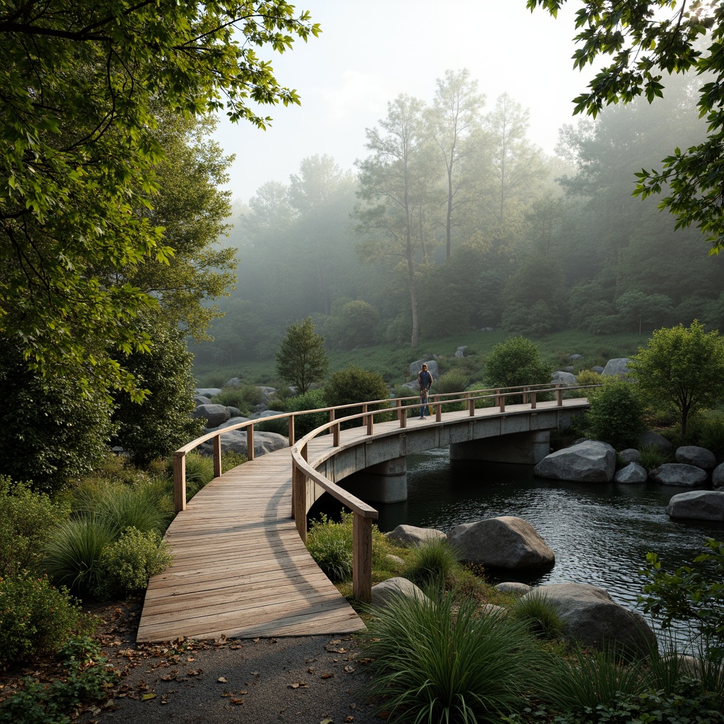 Prompt: Curved bridge structure, lush greenery, native plant species, rustic stone piers, wooden decking, natural stone railings, scenic river views, serene forest surroundings, misty morning atmosphere, soft warm lighting, shallow depth of field, 3/4 composition, panoramic view, realistic water textures, ambient occlusion, sustainable building materials, eco-friendly construction methods, minimal environmental impact.