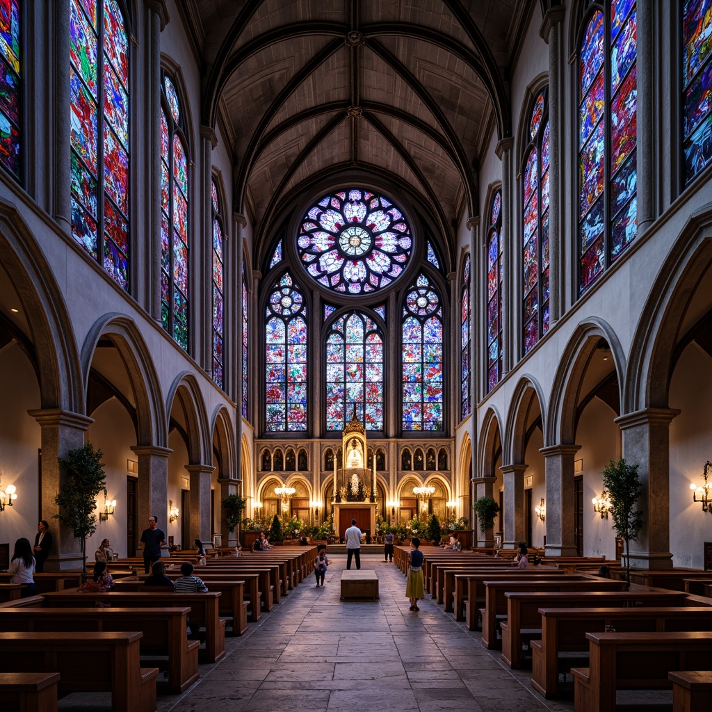 Prompt: Vibrant stained glass windows, intricate stone carvings, ornate Gothic arches, ribbed vaults, flying buttresses, grand cathedrals, majestic rose windows, kaleidoscope colors, soft diffused light, mystical ambiance, sacred atmosphere, divine inspirations, ancient craftsmanship, rich textures, detailed patterns, symbolic motifs, heavenly illuminations.